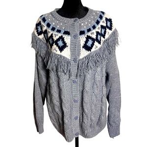 Vintage Backroad Blues Hand-Knit Fair Isle Fringe Cardigan Sweater Grannycore 20